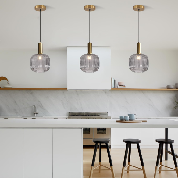 Grey glass pendant light with gold accent finishes, modern ceiling fixture for kitchen, dining room, and living room.