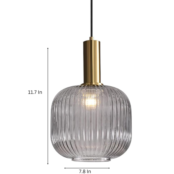 Grey glass pendant light with gold accent finishes, modern ceiling fixture for kitchen, dining room, and living room.