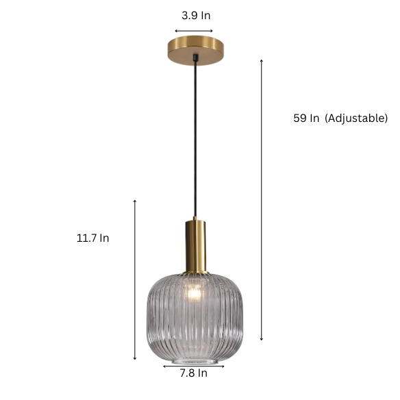 Grey glass pendant light with gold accent finishes, modern ceiling fixture for kitchen, dining room, and living room.