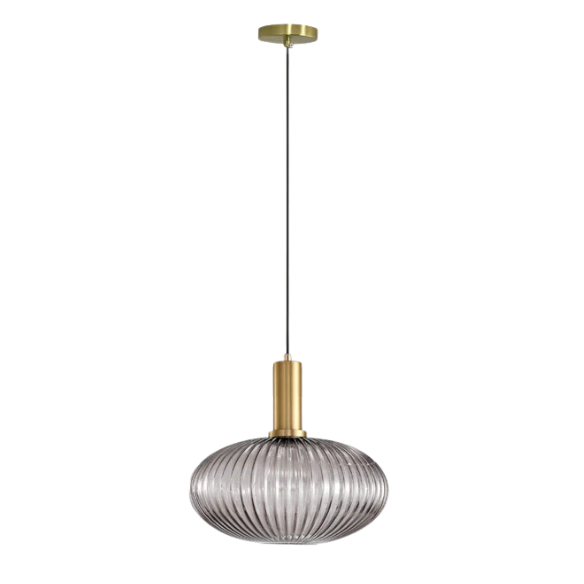 Modern grey glass pendant light with gold accents, industrial chandelier design for kitchen, dining room, and living room.