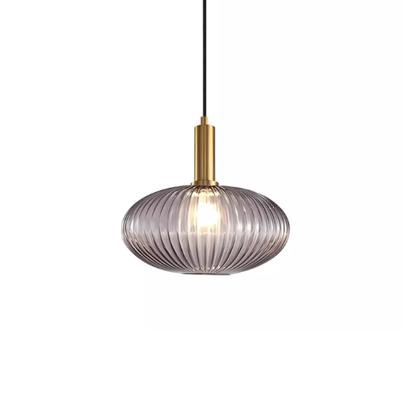 Modern grey glass pendant light with gold accents, industrial chandelier design for kitchen, dining room, and living room.