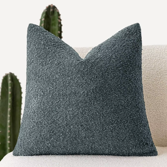 Grey green boucle throw pillow cover with soft loop texture, 18x18 inches – cozy modern accent for sofa, bed, or armchair