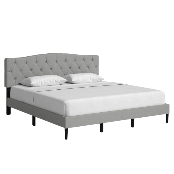 Grey upholstered king-size platform bed with tufted camelback headboard, solid wood slats, and center support legs