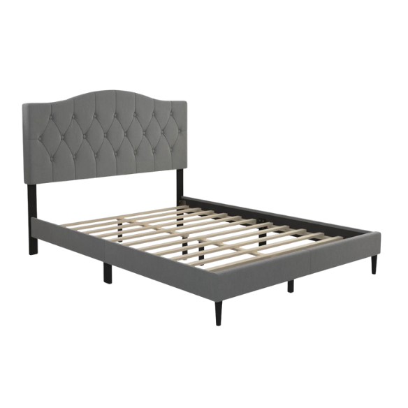 Grey upholstered king-size platform bed with tufted camelback headboard, solid wood slats, and center support legs