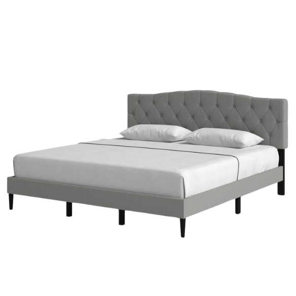 Grey upholstered king-size platform bed with tufted camelback headboard, solid wood slats, and center support legs