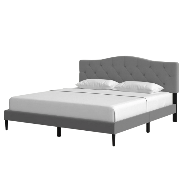 Grey upholstered king-size platform bed with tufted camelback headboard, solid wood slats, and center support legs