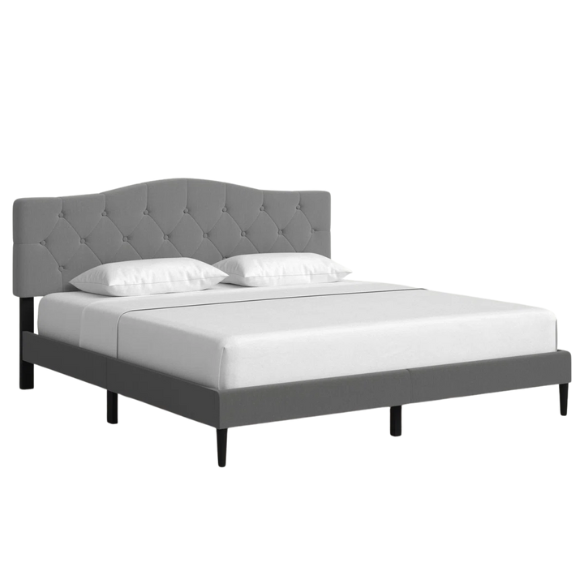 Grey upholstered king-size platform bed with tufted camelback headboard, solid wood slats, and center support legs