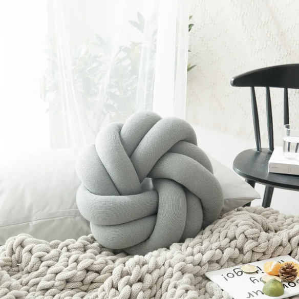 Grey handmade cotton knot throw pillow, round design, 30 cm diameter – soft plush decorative cushion for sofa, bed, chair, or car
