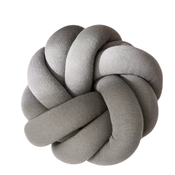 Grey handmade cotton knot throw pillow, round design, 30 cm diameter – soft plush decorative cushion for sofa, bed, chair, or car