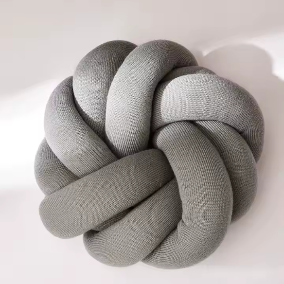 Grey handmade cotton knot throw pillow, round design, 30 cm diameter – soft plush decorative cushion for sofa, bed, chair, or car