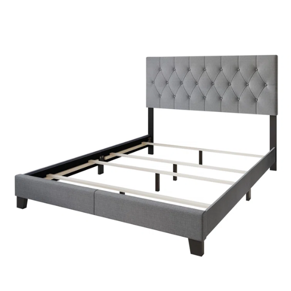 Grey linen full size upholstered bed with button tufted headboard and low-profile legs
