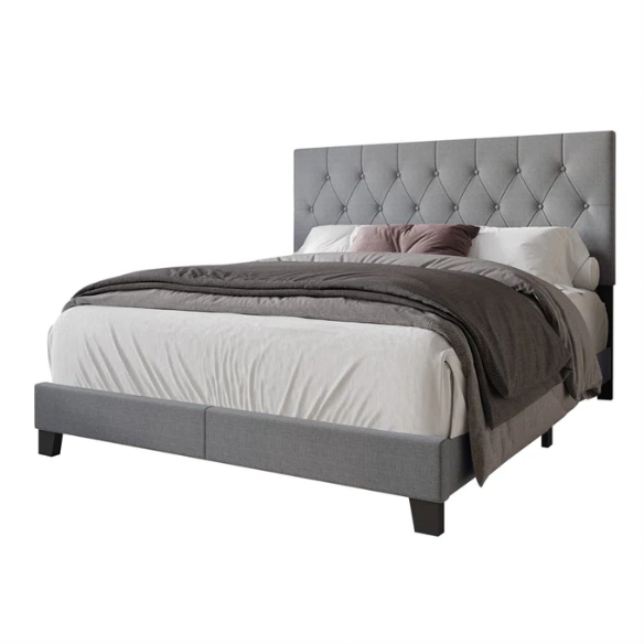 Grey linen full size upholstered bed with button tufted headboard and low-profile legs