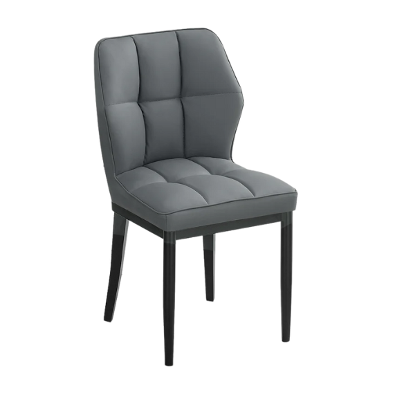 Grey faux leather dining chairs with checkered backrest and metal legs in a set of two
