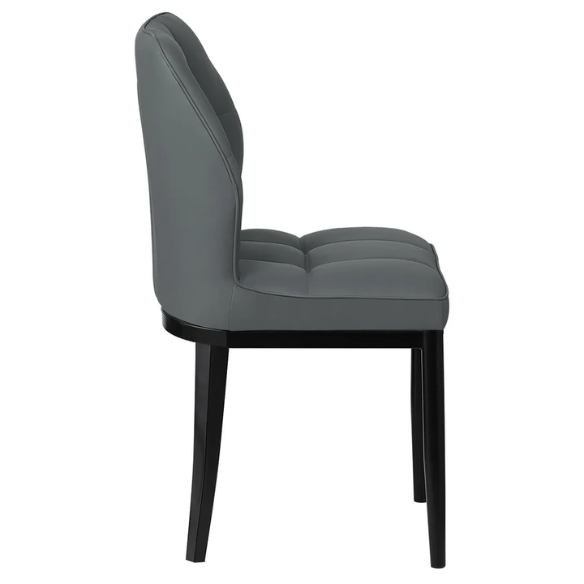 Grey faux leather dining chairs with checkered backrest and metal legs in a set of two