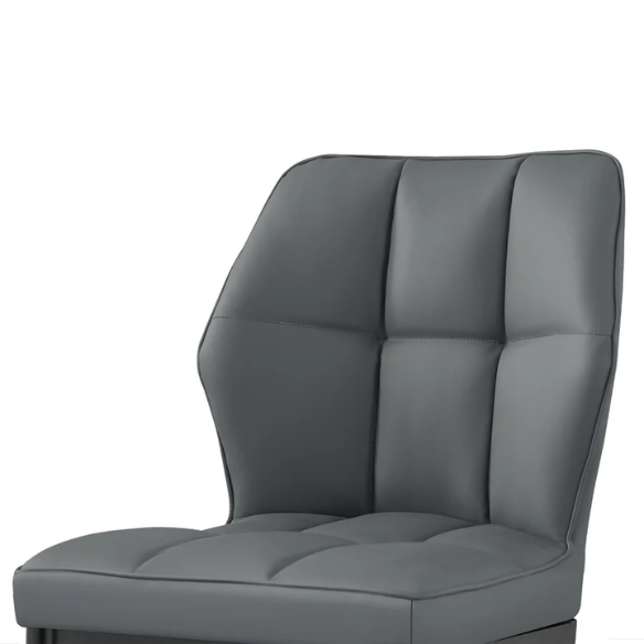 Grey faux leather dining chairs with checkered backrest and metal legs in a set of two