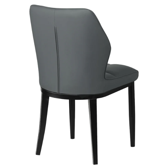 Grey faux leather dining chairs with checkered backrest and metal legs in a set of two