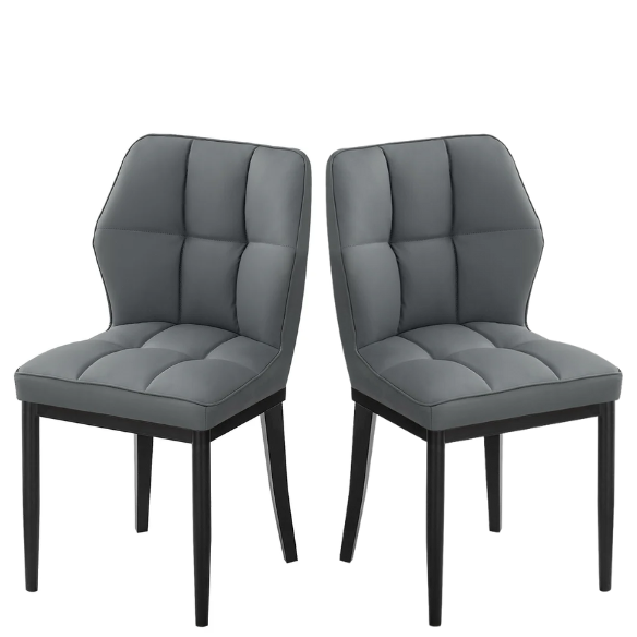 Grey faux leather dining chairs with checkered backrest and metal legs in a set of two