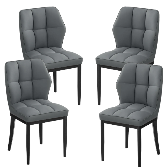 Grey faux leather dining chairs with checkered backrest and metal legs in a set of two