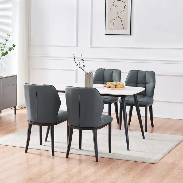 Grey faux leather dining chairs with checkered backrest and metal legs in a set of two