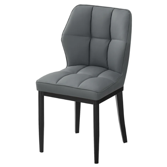 Grey faux leather dining chairs with checkered backrest and metal legs in a set of two