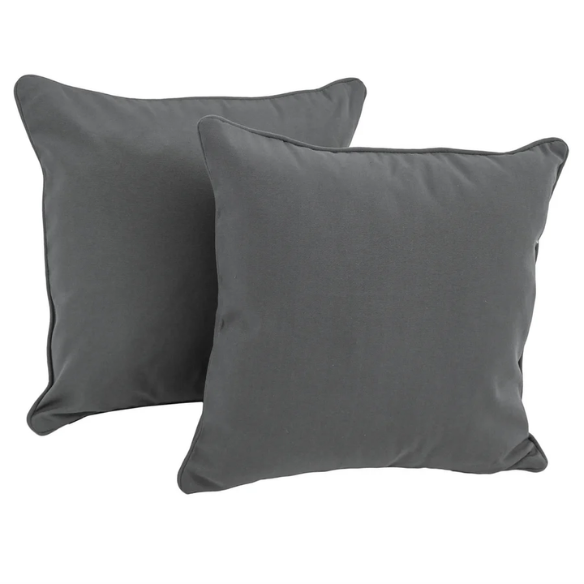 Set of 2 grey square throw pillows with corded edges and hidden zipper closure, made of soft cotton-blend twill fabric, perfect for modern and transitional home décor.