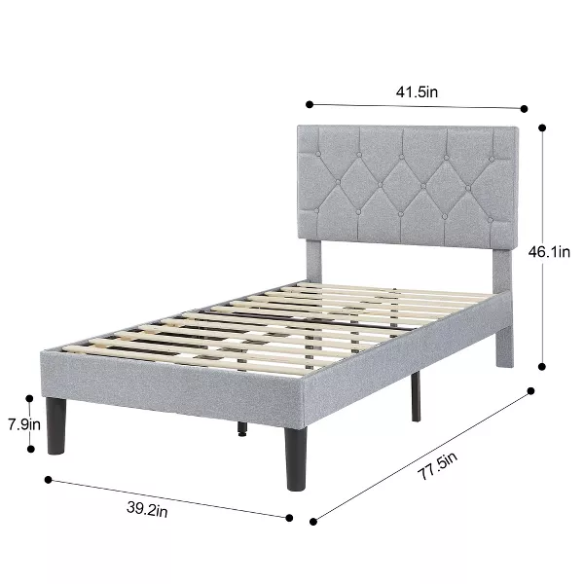 Modern grey upholstered twin bed with button-tufted headboard, steel frame, and slatted base – no box spring required