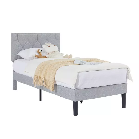 Modern grey upholstered twin bed with button-tufted headboard, steel frame, and slatted base – no box spring required