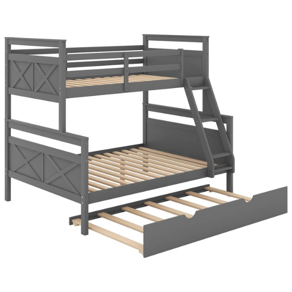 Grey twin over full wood bunk bed with pull-out trundle, safety guardrails, and angled ladder – space-saving design for kids or guest rooms.