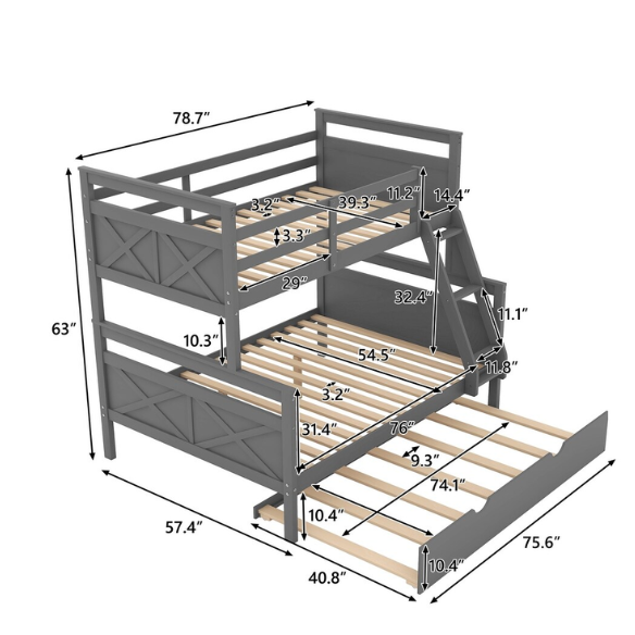 Grey twin over full wood bunk bed with pull-out trundle, safety guardrails, and angled ladder – space-saving design for kids or guest rooms.