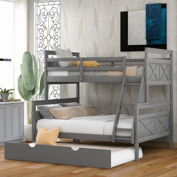 Grey twin over full wood bunk bed with pull-out trundle, safety guardrails, and angled ladder – space-saving design for kids or guest rooms.