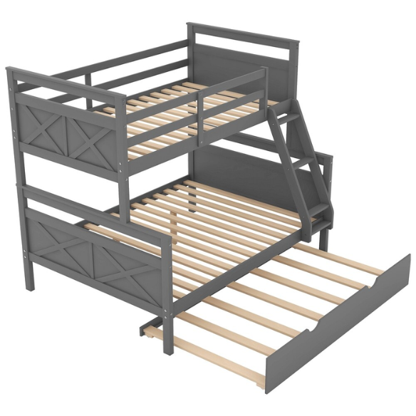 Grey twin over full wood bunk bed with pull-out trundle, safety guardrails, and angled ladder – space-saving design for kids or guest rooms.