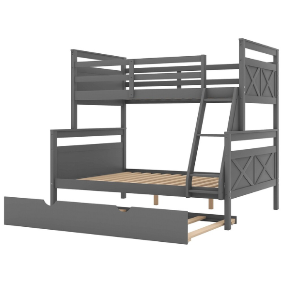 Grey twin over full wood bunk bed with pull-out trundle, safety guardrails, and angled ladder – space-saving design for kids or guest rooms.