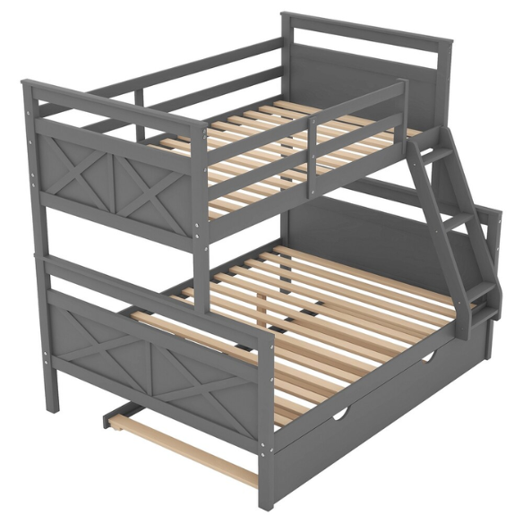 Grey twin over full wood bunk bed with pull-out trundle, safety guardrails, and angled ladder – space-saving design for kids or guest rooms.