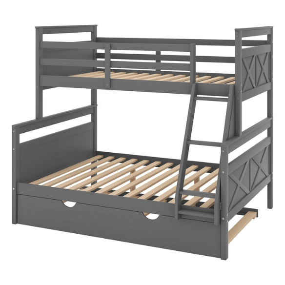Grey twin over full wood bunk bed with pull-out trundle, safety guardrails, and angled ladder – space-saving design for kids or guest rooms.