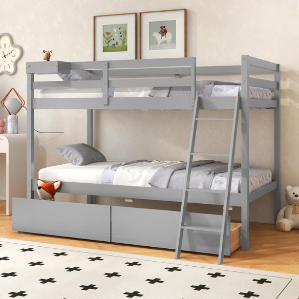 Grey twin-over-twin bunk bed with storage drawers, safety guardrails, and ladder, made of sturdy pine wood with modern design for kids’ bedrooms
