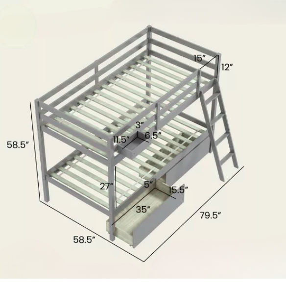 Grey twin-over-twin bunk bed with storage drawers, safety guardrails, and ladder, made of sturdy pine wood with modern design for kids’ bedrooms