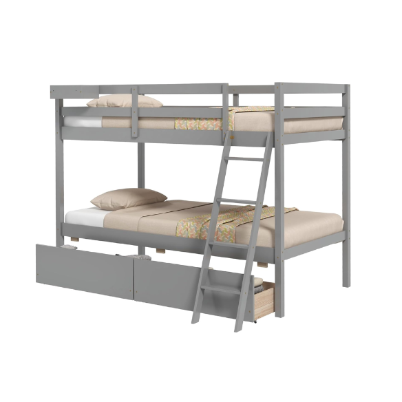Grey twin-over-twin bunk bed with storage drawers, safety guardrails, and ladder, made of sturdy pine wood with modern design for kids’ bedrooms