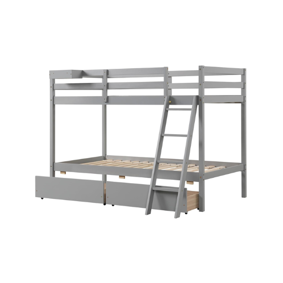 Grey twin-over-twin bunk bed with storage drawers, safety guardrails, and ladder, made of sturdy pine wood with modern design for kids’ bedrooms