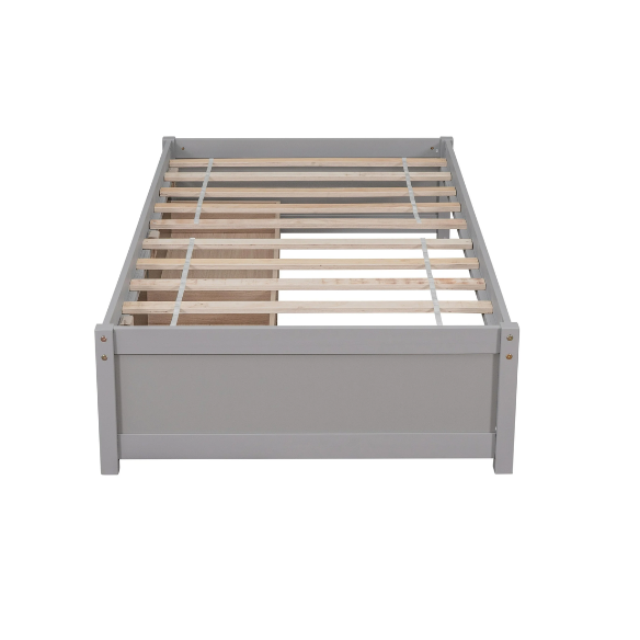 Grey twin platform bed with two underbed storage drawers, made from solid wood with a modern low-profile design—perfect for kids, teens, or guest rooms.