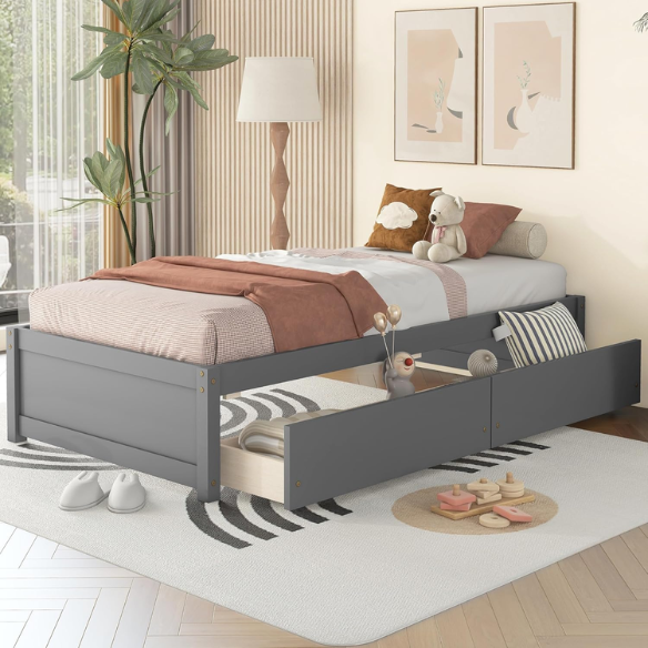 Grey twin platform bed with two underbed storage drawers, made from solid wood with a modern low-profile design—perfect for kids, teens, or guest rooms.