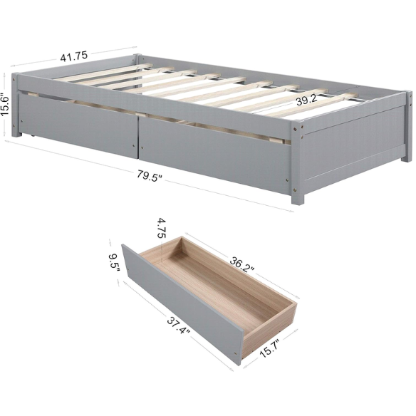 Grey twin platform bed with two underbed storage drawers, made from solid wood with a modern low-profile design—perfect for kids, teens, or guest rooms.