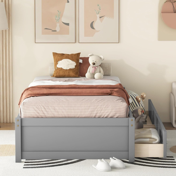 Grey twin platform bed with two underbed storage drawers, made from solid wood with a modern low-profile design—perfect for kids, teens, or guest rooms.