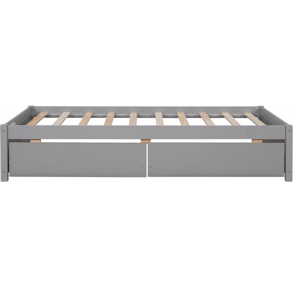 Grey twin platform bed with two underbed storage drawers, made from solid wood with a modern low-profile design—perfect for kids, teens, or guest rooms.