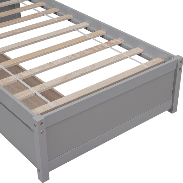 Grey twin platform bed with two underbed storage drawers, made from solid wood with a modern low-profile design—perfect for kids, teens, or guest rooms.