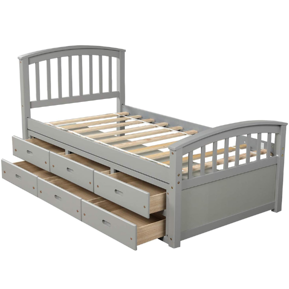Grey twin bed frame made from solid pine wood with underbed storage drawers, finished in non-toxic paint with a slatted base, ideal for children or teens in a modern bedroom.