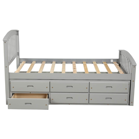 Grey twin bed frame made from solid pine wood with underbed storage drawers, finished in non-toxic paint with a slatted base, ideal for children or teens in a modern bedroom.