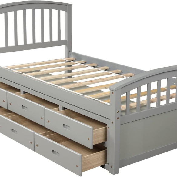 Grey twin bed frame made from solid pine wood with underbed storage drawers, finished in non-toxic paint with a slatted base, ideal for children or teens in a modern bedroom.