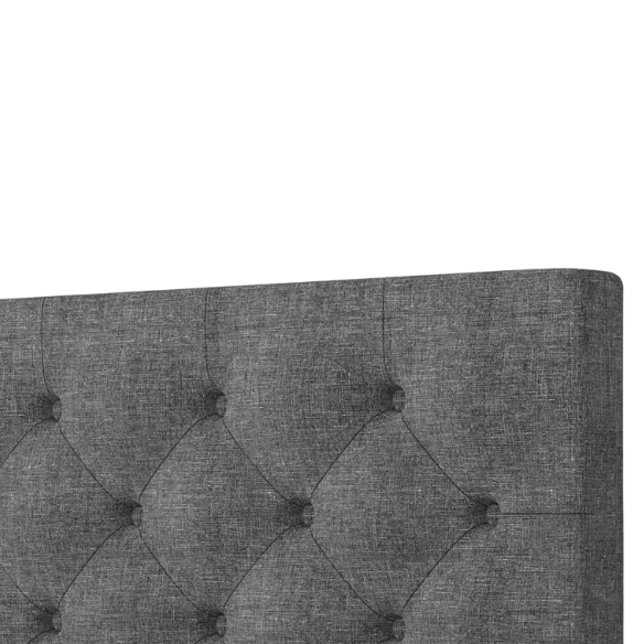 Grey twin upholstered bed frame with button-tufted adjustable headboard, wooden slats, and soft linen fabric for kids or guest rooms.