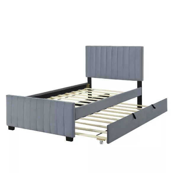 Grey twin upholstered platform bed with tufted velvet headboard and pull-out trundle, ideal for kids, teens, or guest rooms, featuring a soft grey finish and space-saving design.