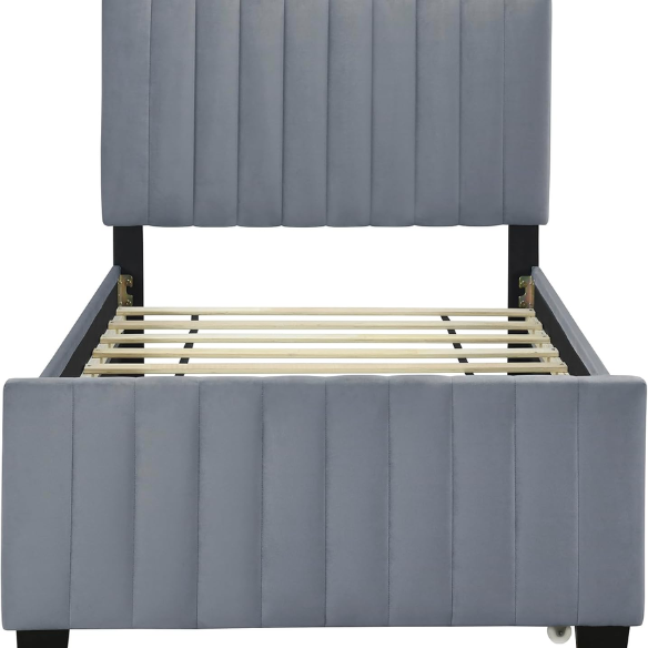 Grey twin upholstered platform bed with tufted velvet headboard and pull-out trundle, ideal for kids, teens, or guest rooms, featuring a soft grey finish and space-saving design.